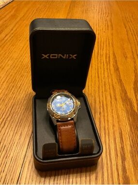 Men’s Blue Dial Watch with Brown Leather Strap
